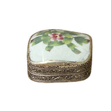 3.5" Chinese Old White Base Pink Flower Graphic Porcelain Art Pewter Box ws3950S