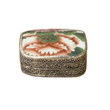 3.5" Chinese Old White Base Pink Flower Graphic Porcelain Art Pewter Box ws3952S