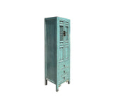 Distressed Turquoise Blue Slim Wood Carving Shutter Doors Storage Cabinet ws4051S