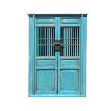 Distressed Aqua Blue Slim Wood Carving Shutter Doors Storage Cabinet ws4067S