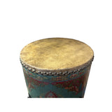 Distressed Chinese Tibetan Drum Shape Turquoise Aqua Floral Side Table ws4143S