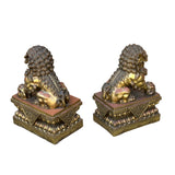 Pair Chinese Light Brown Copper Metal Foo Dog Lion Fengshui Figures ws4201S