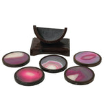 3.5" Set of 5 Hot Pink Stone Round Wood Frame Coaster w Rack ws4242S