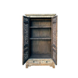 Distressed Gray White See-Through Floral Carving Doors Storage Cabinet ws4323S