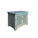 Distressed Fade Turquoise Blue Latticewook Doors Credenza Storage Cabinet ws4448S