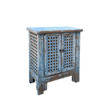 Distressed Ink Light Blue Grid Pattern Doors End Table Nightstand Cabinet ws4483S