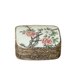 3.5" Chinese Old White Base Pink Flower Graphic Porcelain Art Pewter Box ws3961S