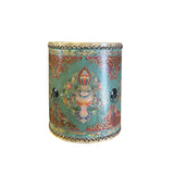 Distressed Chinese Tibetan Drum Shape Turquoise Aqua Floral Side Table ws4143S