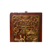 Chinese Vintage Wood Red Golden Relief Carving Wall Hanging Art Plaque ws4179S