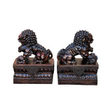 Pair Chinese Dark Brown Bronze Metal Foo Dog Lion Fengshui Figures ws4200S