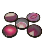 3.5" Set of 5 Hot Pink Stone Round Wood Frame Coaster w Rack ws4242S