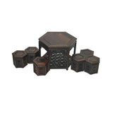 Chinese Set of 7 Hexagonal Table Stools Wood Miniature Display Art ws4277S