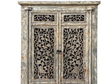 Distressed Gray White See-Through Floral Carving Doors Storage Cabinet ws4323S