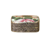 3.5" Chinese Old White Base Pink Flower Graphic Porcelain Art Pewter Box ws3952S