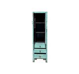 Distressed Turquoise Blue Slim Wood Carving Shutter Doors Storage Cabinet ws4051S