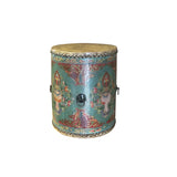 Distressed Chinese Tibetan Drum Shape Turquoise Aqua Floral Side Table ws4143S