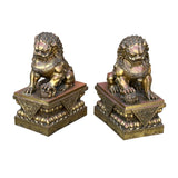 Pair Chinese Light Brown Copper Metal Foo Dog Lion Fengshui Figures ws4201S