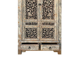 Distressed Gray White See-Through Floral Carving Doors Storage Cabinet ws4323S