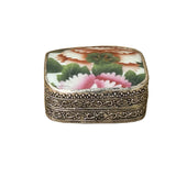 3.5" Chinese Old White Base Pink Flower Graphic Porcelain Art Pewter Box ws3952S