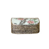 3.5" Chinese Old White Base Pink Flower Graphic Porcelain Art Pewter Box ws3961S