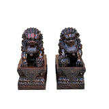 Pair Chinese Dark Brown Bronze Metal Foo Dog Lion Fengshui Figures ws4200S