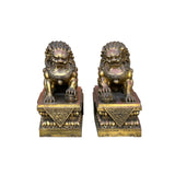 Pair Chinese Light Brown Copper Metal Foo Dog Lion Fengshui Figures ws4201S