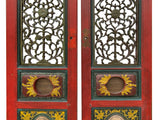 Pair Vintage Red Green Yellow Fujian Relief Carving Door Panels ws4271S