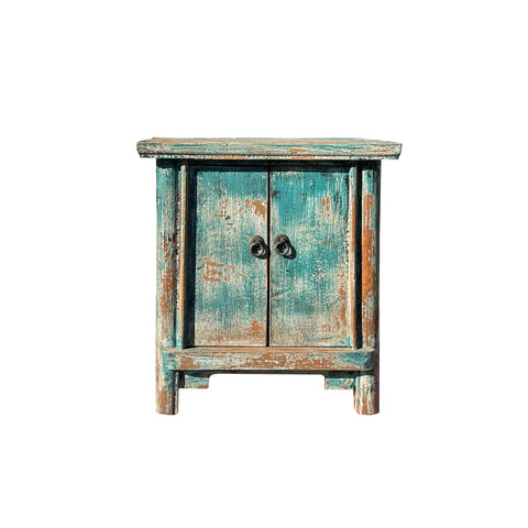 16.25" Oriental Distressed Teal 2 Doors End Table Nightstand Chest ws4393S