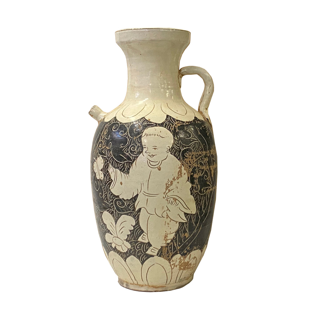 Chinese Cizhou Ware Ceramic Tan Underglaze Graphic Vase Jar 