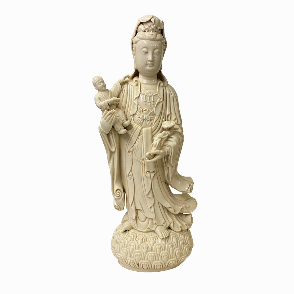 Chinese Off White Porcelain Antiques Figure – Song Golden / Lotus Yin Zi a with Boy Statu Kwan