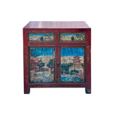 Chinese Distressed Red Blue Old Scenery Graphic Credenza Cabinet cs7393S