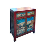 Chinese Distressed Red Blue Old Scenery Graphic Credenza Cabinet cs7393S