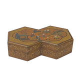 Chinese Distressed Brown People Graphic Rectangular Decagon Shape Box ws2348S