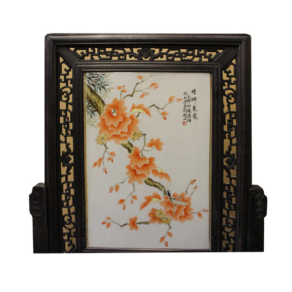 Chinese Wood Frame Porcelain Plaque Table Top Screen Display cs4386S ...