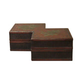 Chinese Distressed Brown Lacquer Double Rhombus Fok Shou Box cs4669S