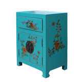 Chinese Turquoise Aqua Graphic Vinyl Moon Face End Table Nightstand cs4960S