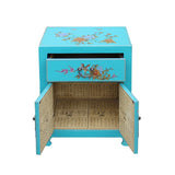 Chinese Turquoise Aqua Graphic Vinyl Moon Face End Table Nightstand cs4960S