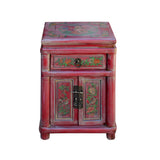 Chinese Rustic Distressed Pink Red Graphic End Table Nightstand cs5901S