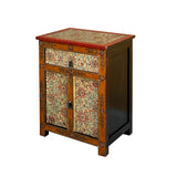 Distressed Red Orange Beige Tibetan Floral End Table Nightstand cs7573S