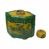 Chinese Yellow Green Scenery Theme Rhombus Ceramic Jar ws1799S