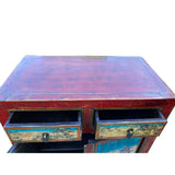 Chinese Distressed Red Blue Old Scenery Graphic Credenza Cabinet cs7393S