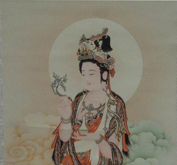 Chinese Hand Painted Kwan Yin with Willow Leaves & Vase Scroll Paintin ...